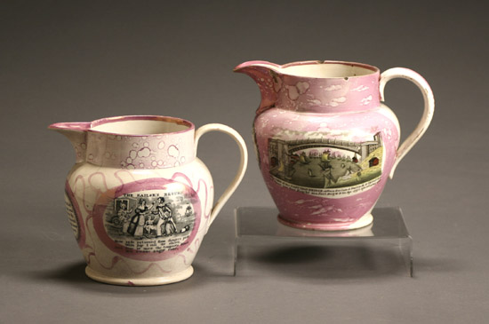 Appraisal: Two Sunderland Pink Lustre Decorated and Transfer Printed Pitchers Circa