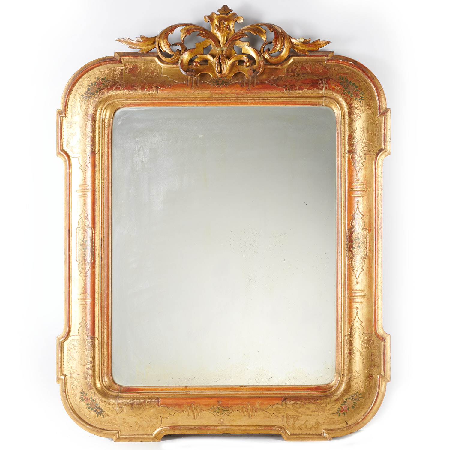 Appraisal: VENETIAN GILT AND RED BOLE MIRROR th c Italy gilt