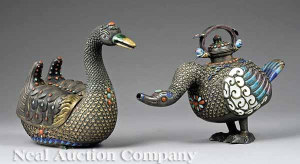 Appraisal: Two Fine Chinese or Mongolian Silver and Gilt Cloisonn Enamel