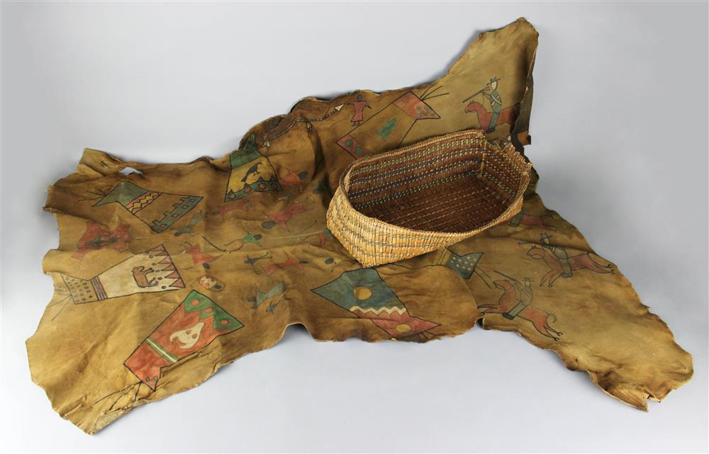 Appraisal: NATIVE AMERICAN STYLE PAINTED HIDE AND BASKET Provenance a Virginia