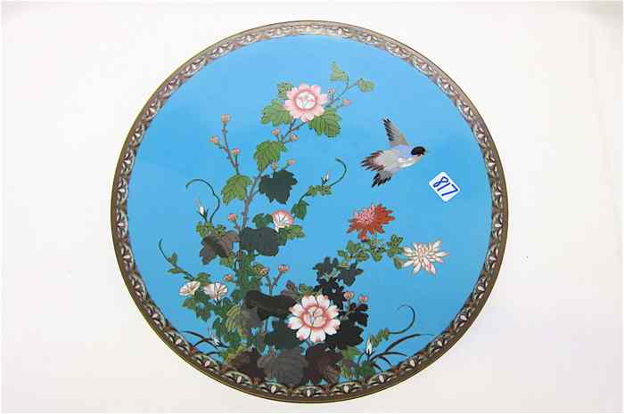 Appraisal: JAPANESE CLOISONNE CHARGER floral and bird scene on turquoise blue