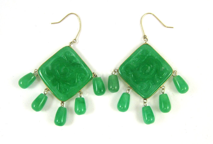 Appraisal: PAIR OF JADE AND FOURTEEN KARAT GOLD EARRINGS each with