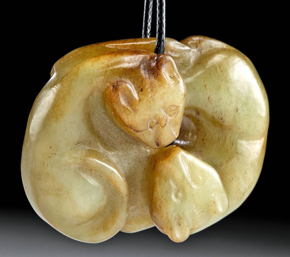 Appraisal: Chinese Qing Greenstone Pendant - Cats Intertwined East Asia China