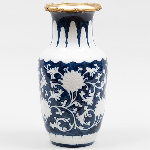 Appraisal: CHINESE BLUE AND WHITE PORCELAIN GILT-METAL-MOUNTED VASE MOUNTED AS A