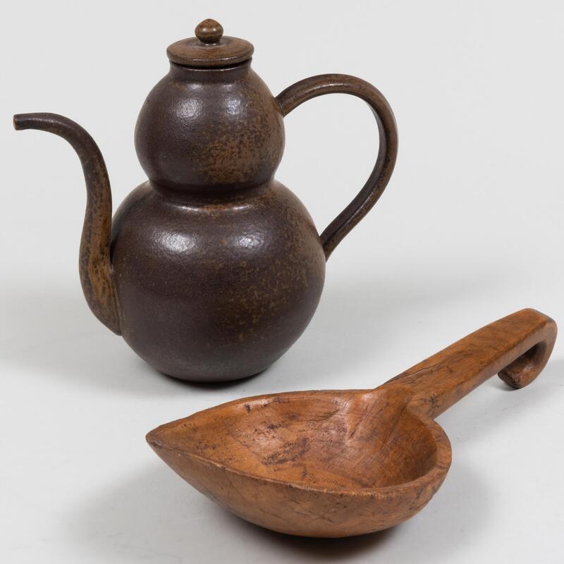 Appraisal: Japanese Brown Glazed Earthenware Teapot and a Rustic Wood Spoon