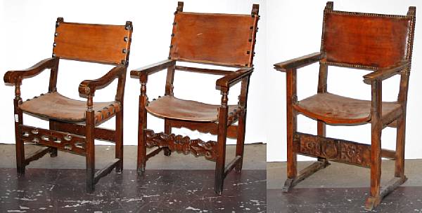 Appraisal: Three similar Spanish Baroque walnut armchairs th century and later