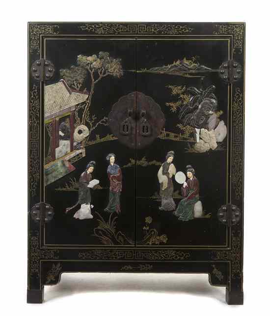 Appraisal: A Chinese Lacquered and Hardstone Inset Cabinet set with two