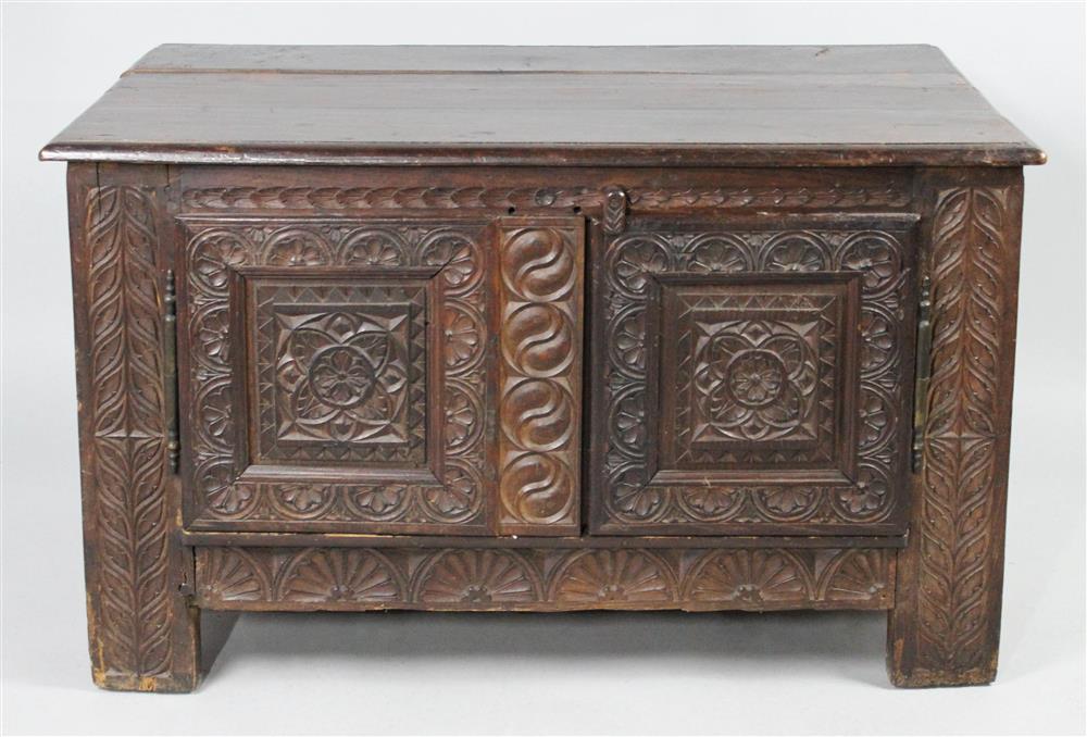 Appraisal: JACOBEAN REVIVAL CARVED BLACK OAK CHEST having a molded rectangular