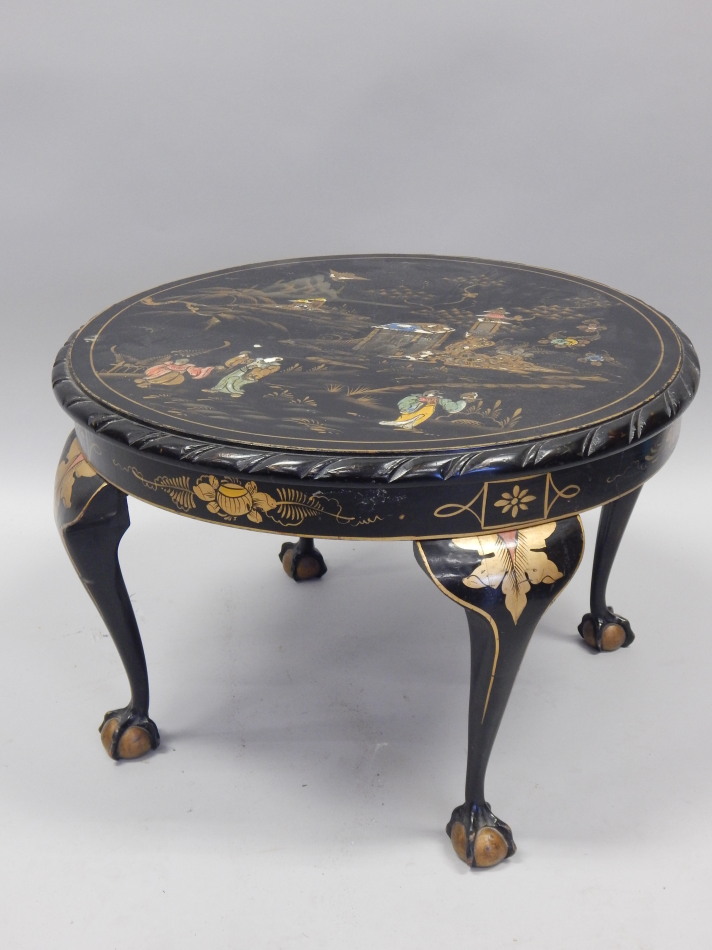 Appraisal: A black Japanned Oriental style circular occasional table decorated in