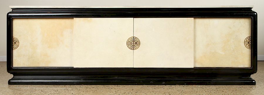 Appraisal: JAMES MONT STYLE MARBLE TOP EBONIZED SIDEBOARD A James Mont