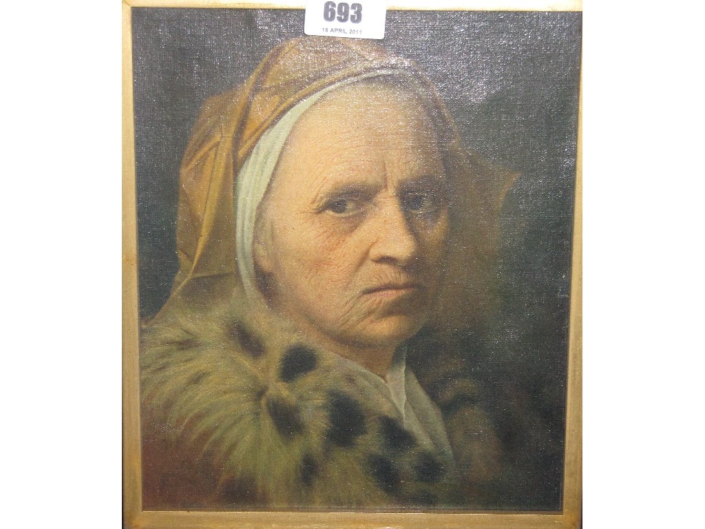 Appraisal: Textured print on canvas of an old lady