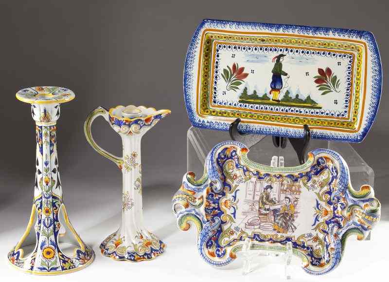 Appraisal: Group of Four Pieces French Faiencecirca s hand-painted under glaze