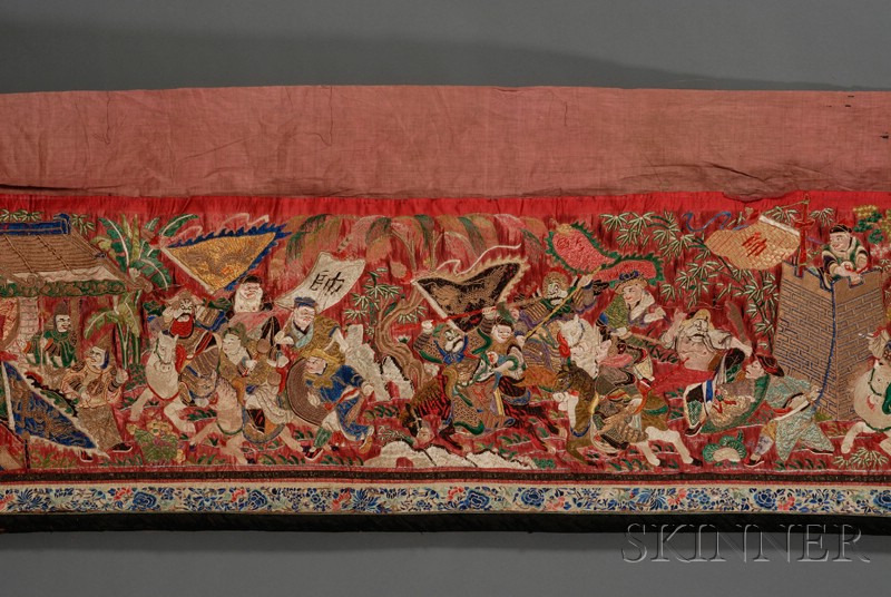 Appraisal: Embroidered Panel China th century mythological figures on a scarlet