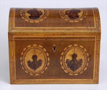 Appraisal: GEORGE III INLAID HARDWOOD TEA CADDY The domed lid with