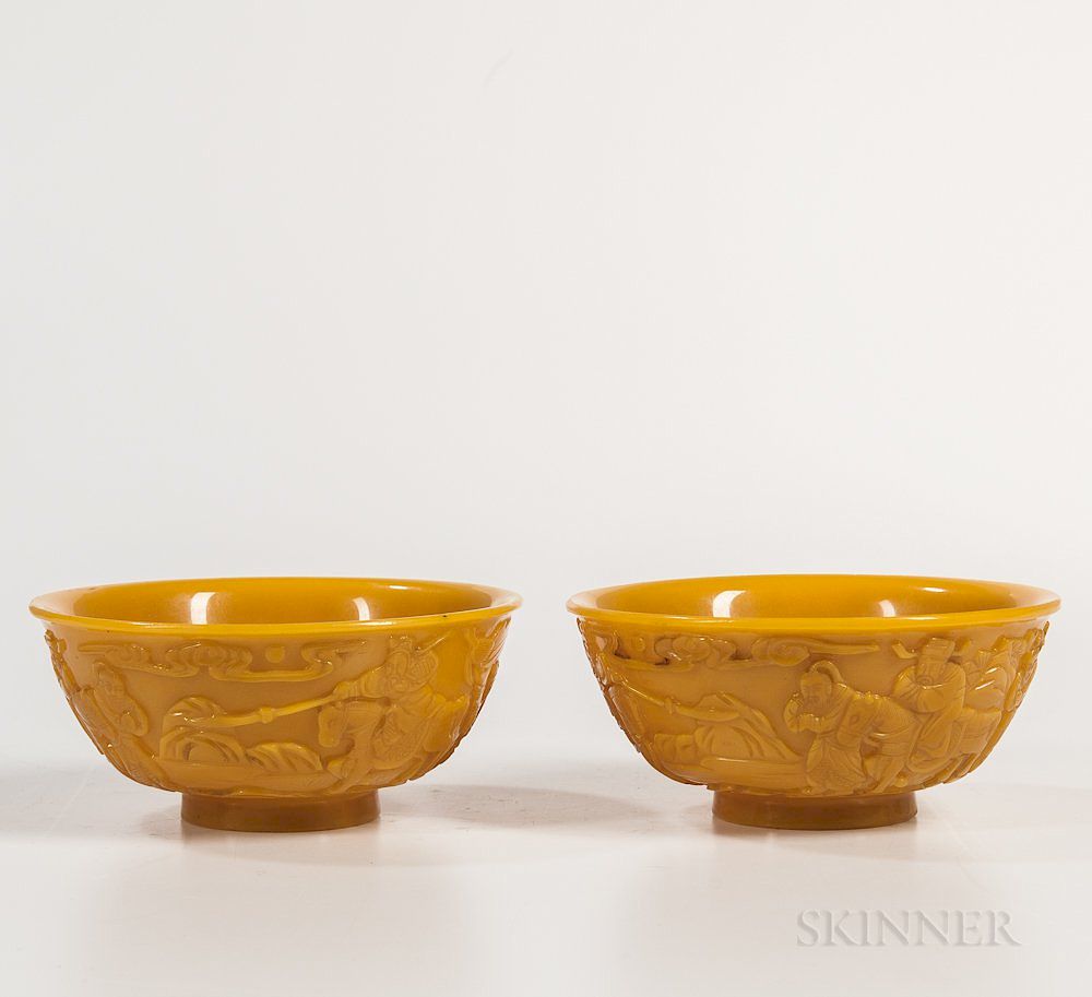 Appraisal: Pair of Yellow Peking Glass Bowls Pair of Yellow Peking