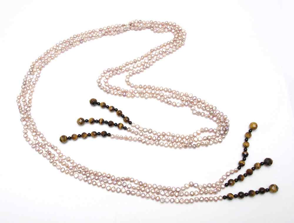 Appraisal: '' PEARL TIGER EYE QUARTZ BELT NECKLACE strands of mm