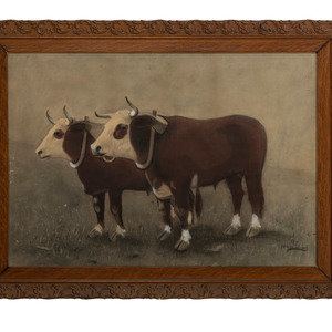 Appraisal: American School Late th Century Drawing of Two Bulls mixed