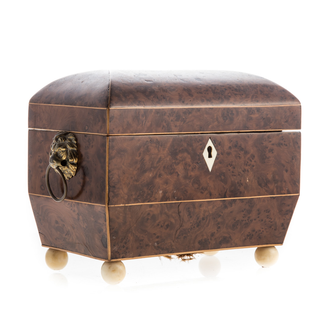 Appraisal: Regency burl walnut dome top tea caddy circa stringer inlay