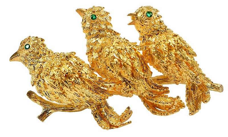 Appraisal: Gold Bird Brooch three birds on a branch three round