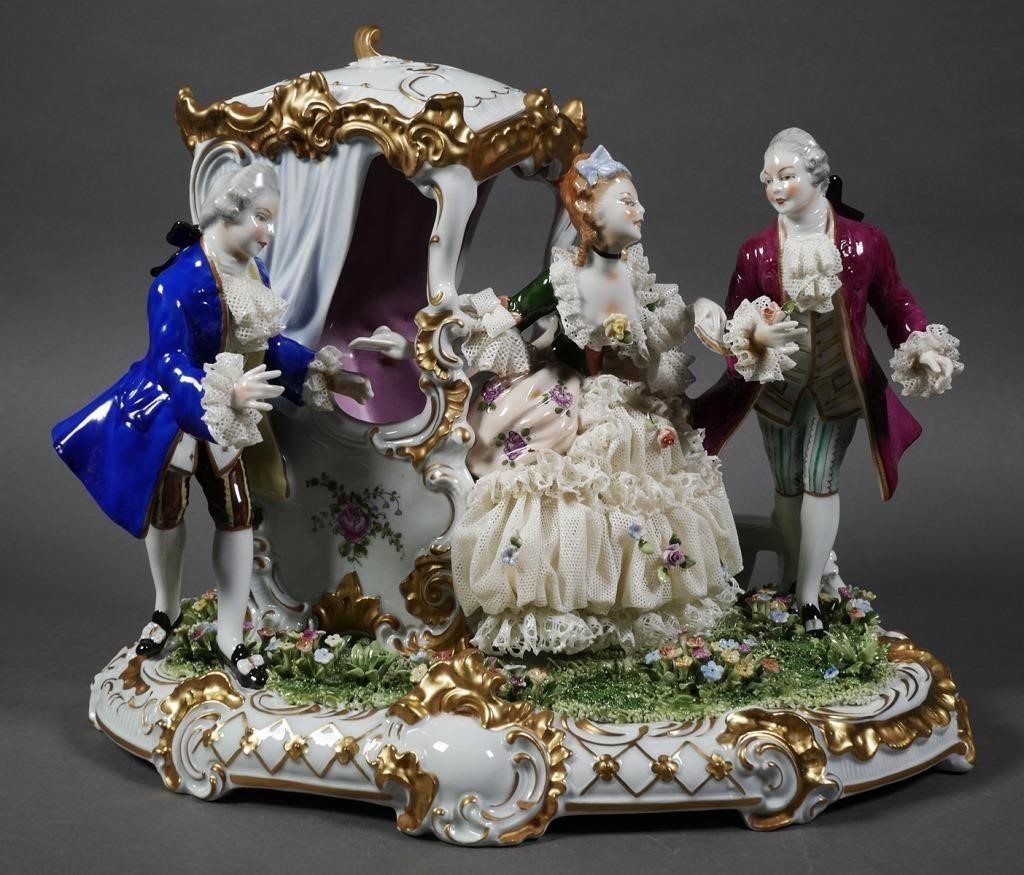 Appraisal: UNTERWEISSBACH DRESDEN PORCELAIN LACE FIGURINEGerman figural group depicting a courting