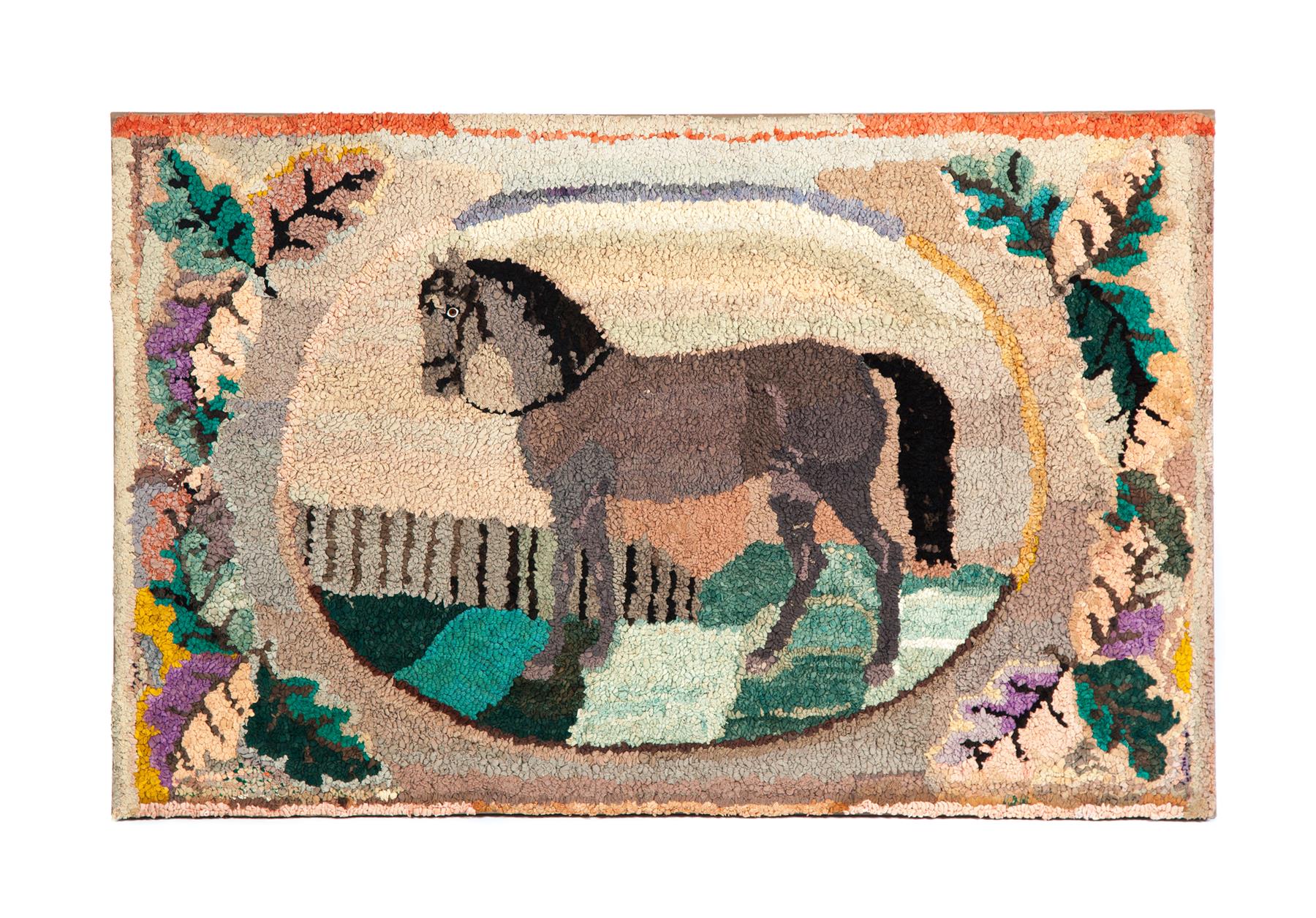 Appraisal: AMERICAN HOOKED RUG Ca - Standing horse with glass eye