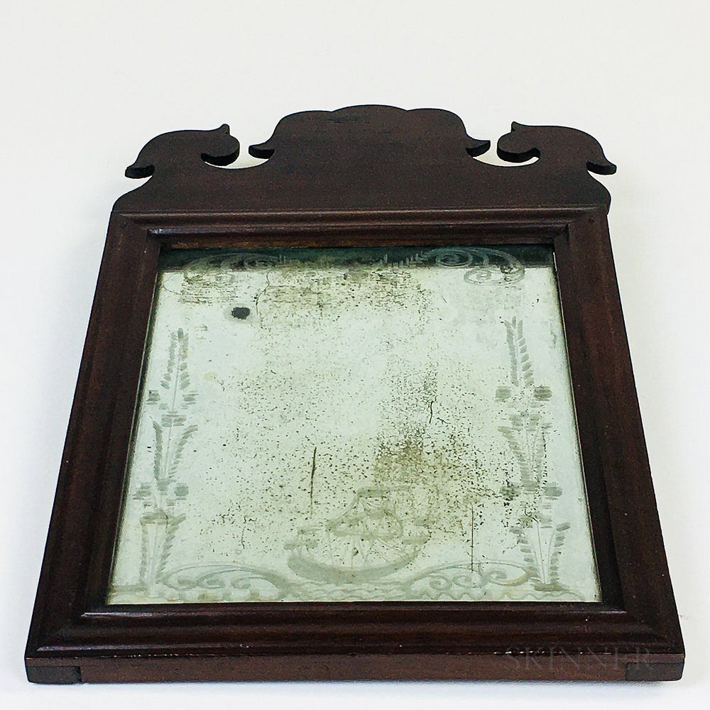 Appraisal: Queen Anne Mahogany and Etched Glass Mirror Queen Anne Mahogany