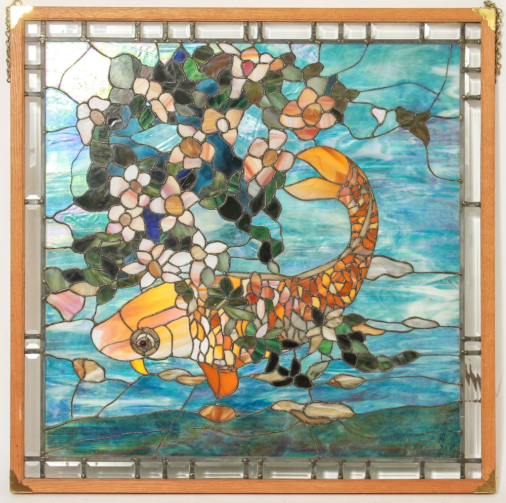 Appraisal: Fish Flowers Stained Glass Panel Window Stained leaded glass window