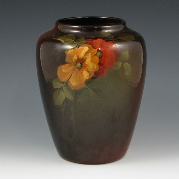 Appraisal: Owens Utopian broad shouldered vase with open rose decoration Marked