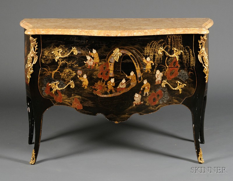 Appraisal: Louis XV Style Bronze-mounted and Marble-top Black Japanned Commode early