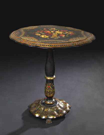 Appraisal: Victorian Gilt Polychromed and Mother-of-Pearl-Inlaid Papier-Mache Tilt-Top Table third quarter