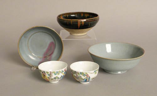 Appraisal: Three Contemporary Chinese pottery bowls together with two cups