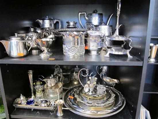 Appraisal: TWO SHELVES OF ASSORTED VICTORIAN AND LATER SILVER PLATE HOLLOW