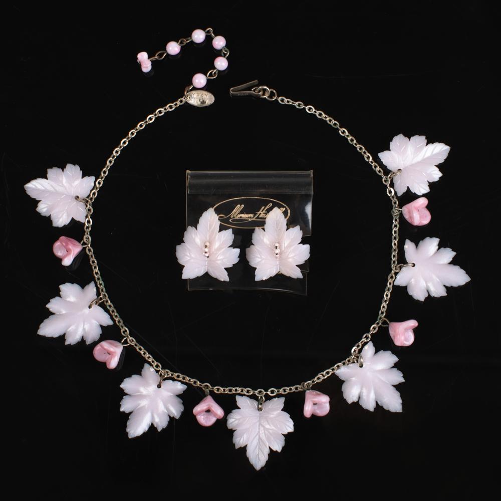 Appraisal: MIRIAM HASKELL NECKLACE EARRING SET WITH DANGLING PALE PINK CELLULOID