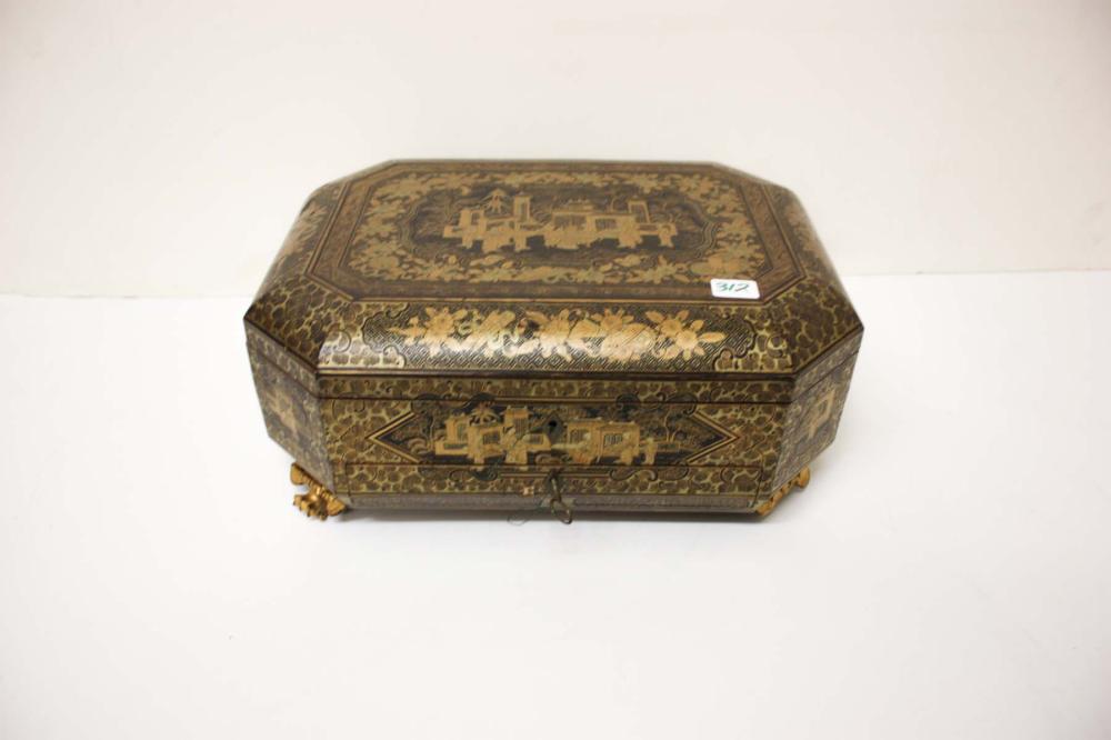 Appraisal: VICTORIAN GOLD JAPANNED BLACK LACQUER SEWING BOX English th century