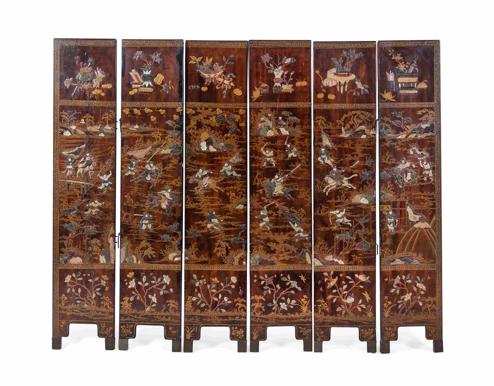 Appraisal: A Chinese Export Lacquered Six-Panel Screen A Chinese Export Lacquered