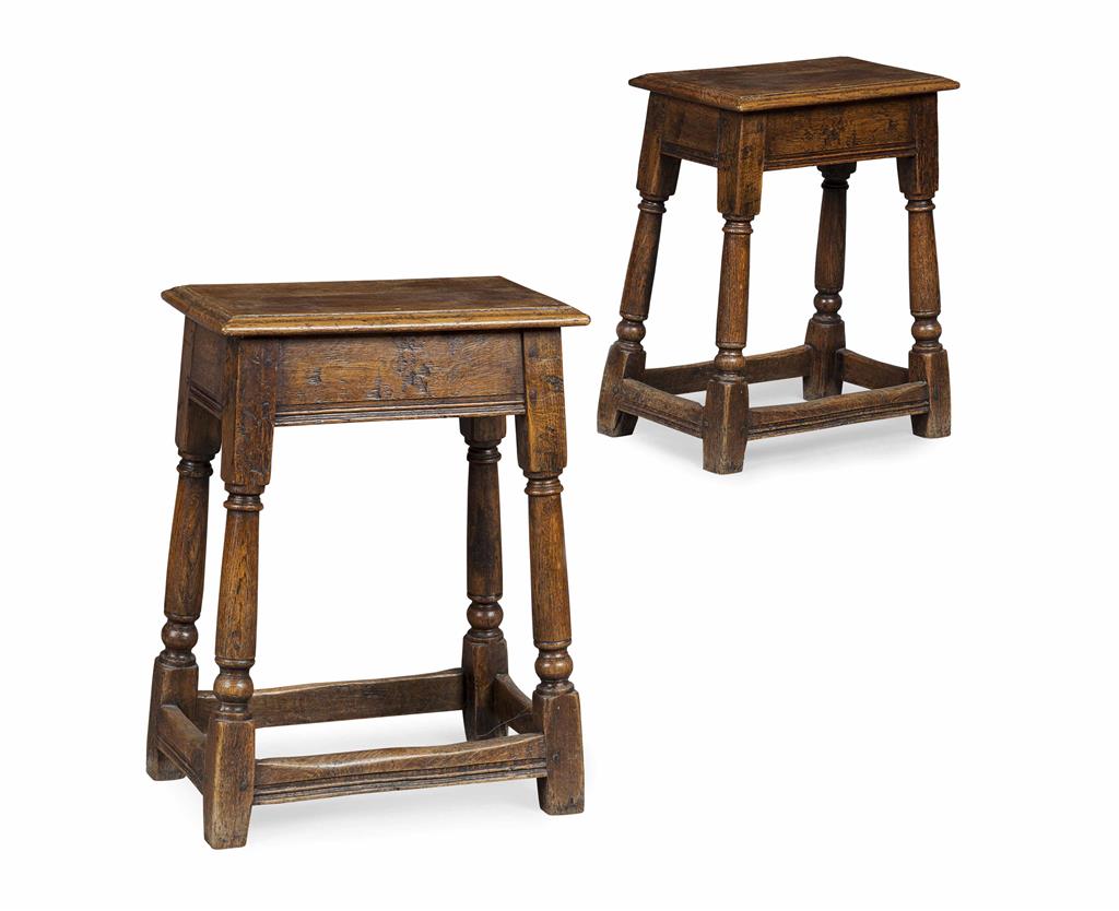 Appraisal: PAIR OF OAK JOINT STOOLS MODERN the rectangular plank seats