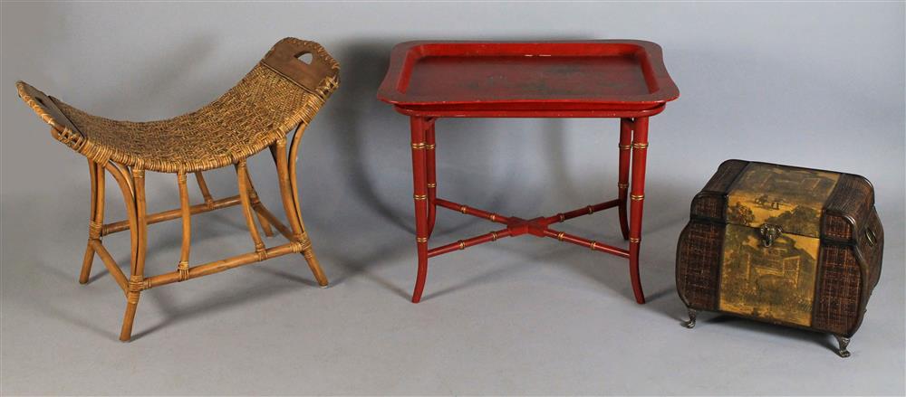 Appraisal: CHINESE RED TOLE PAINTED TRAY ON MATCHING STAND TABLE COVERED