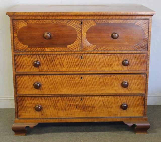 Appraisal: Unusual Antique Tiger Maple Transitional Chest On bracket feet From