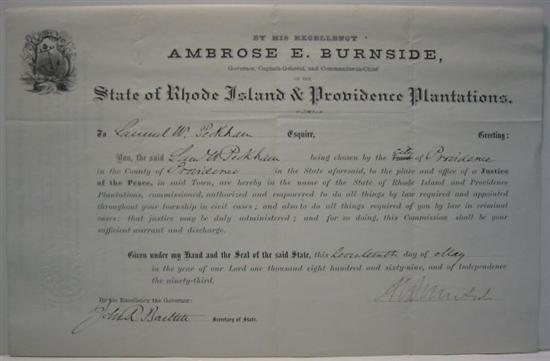 Appraisal: BURNSIDE AMBROSE E Partly-printed Document Signed as Governor of Rhode