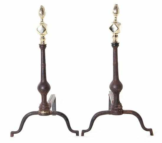 Appraisal: Pair early American brass and iron andirons probably Pennsylvania th