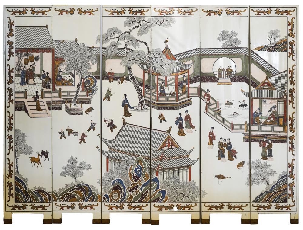 Appraisal: CHINESE SIX-PANEL SCREENwith coromandel-style decoration x inches Condition