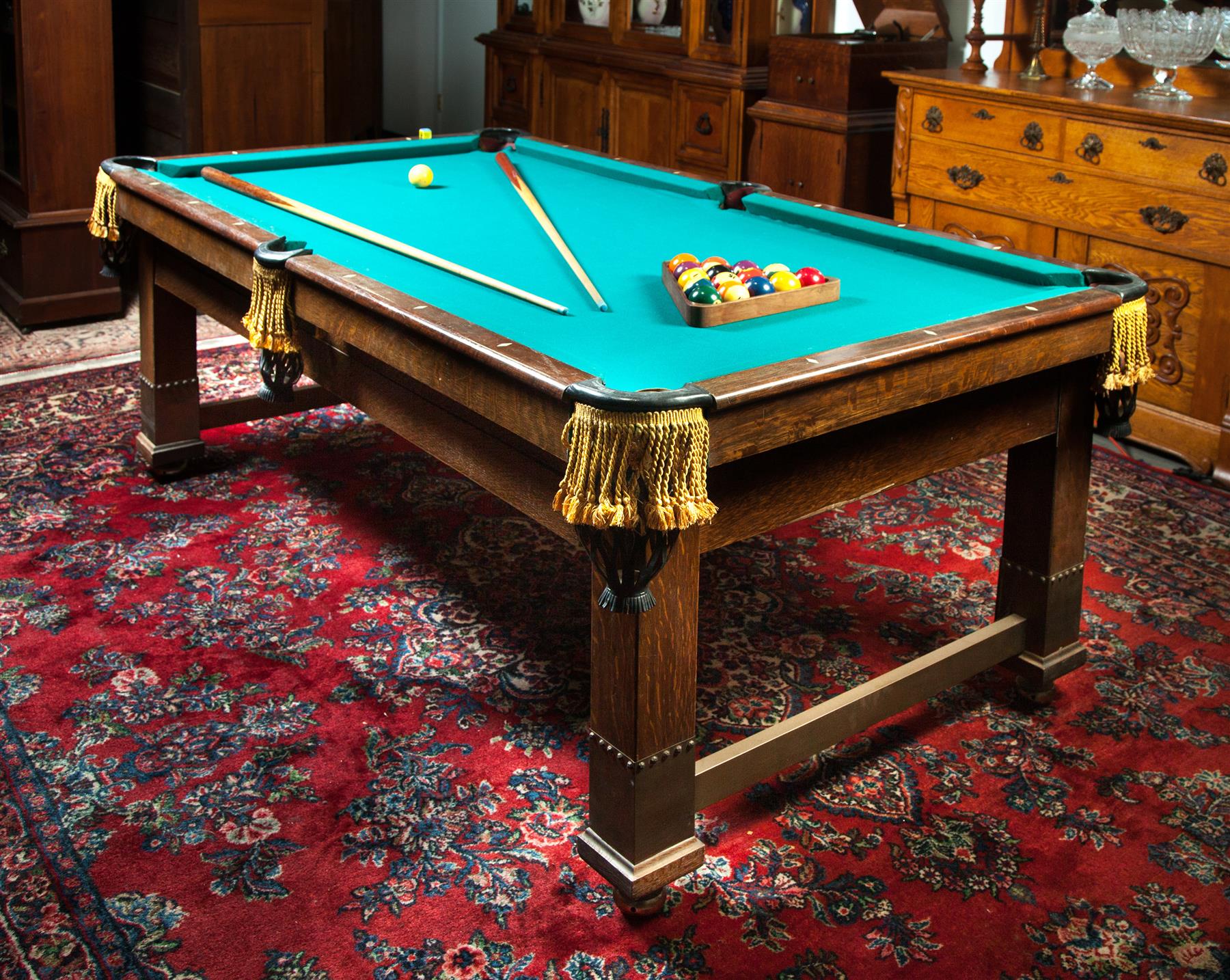 Appraisal: AMERICAN POOL TABLE Early th century oak veneer Brass ends