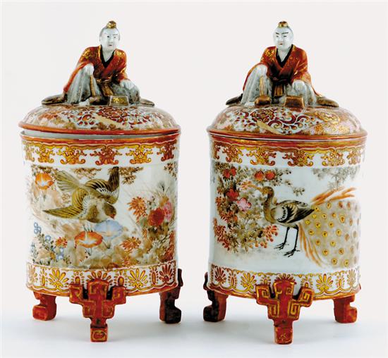 Appraisal: Rare pair Japanese Kutani covered jars circa figure seated atop