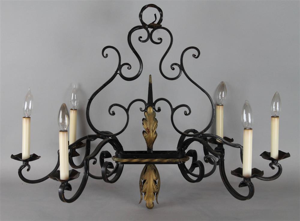 Appraisal: RENAISSANCE STYL BLACK PAINTED WROUGHT IRON CHANDELIER six lights leaf