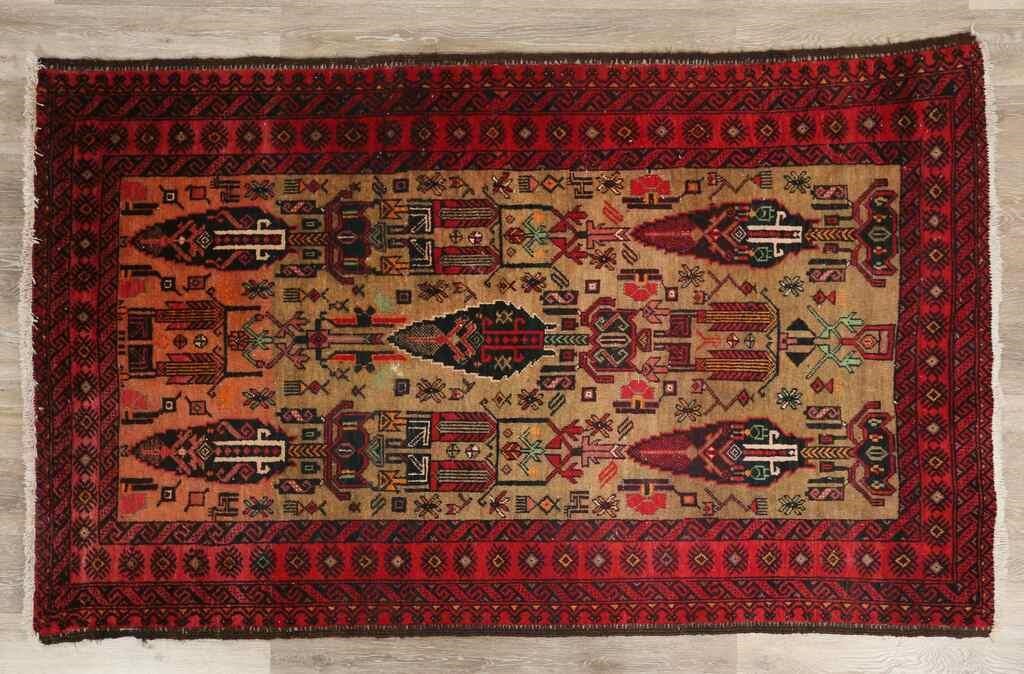 Appraisal: Caucasian rug Red and black border with geometric and arrow