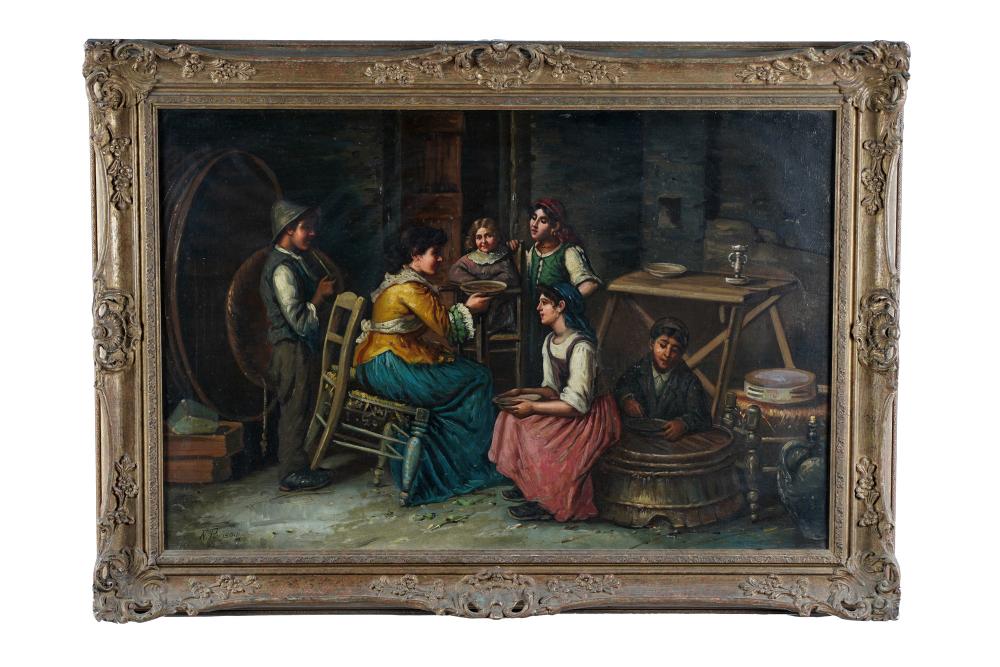 Appraisal: NAPOLEONE PARISANI INTERIOR GROUP SCENE oil on canvas relined signed