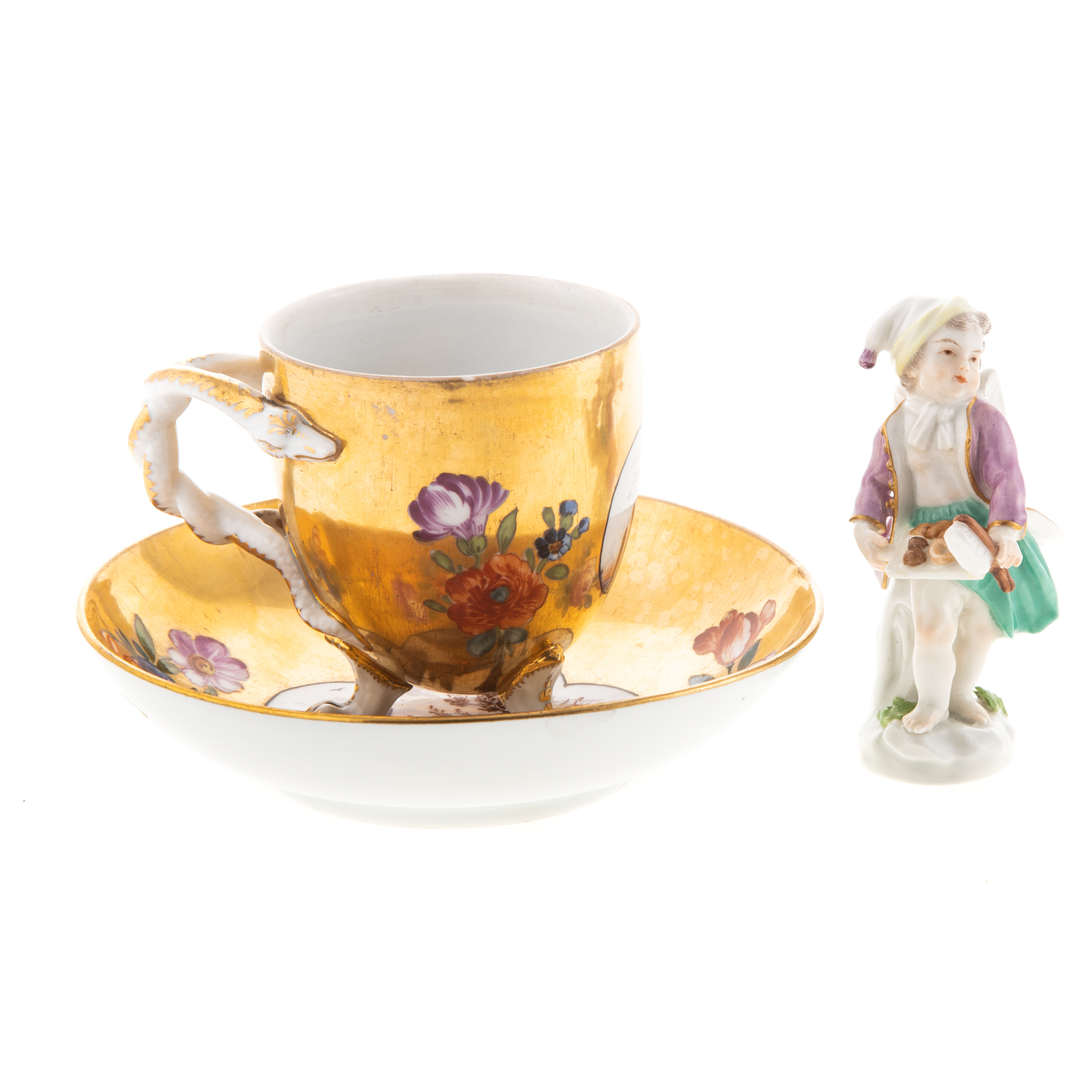 Appraisal: MEISSEN TEACUP SAUCER GERMAN FIGURE Meissen porcelain gilt ground teacup