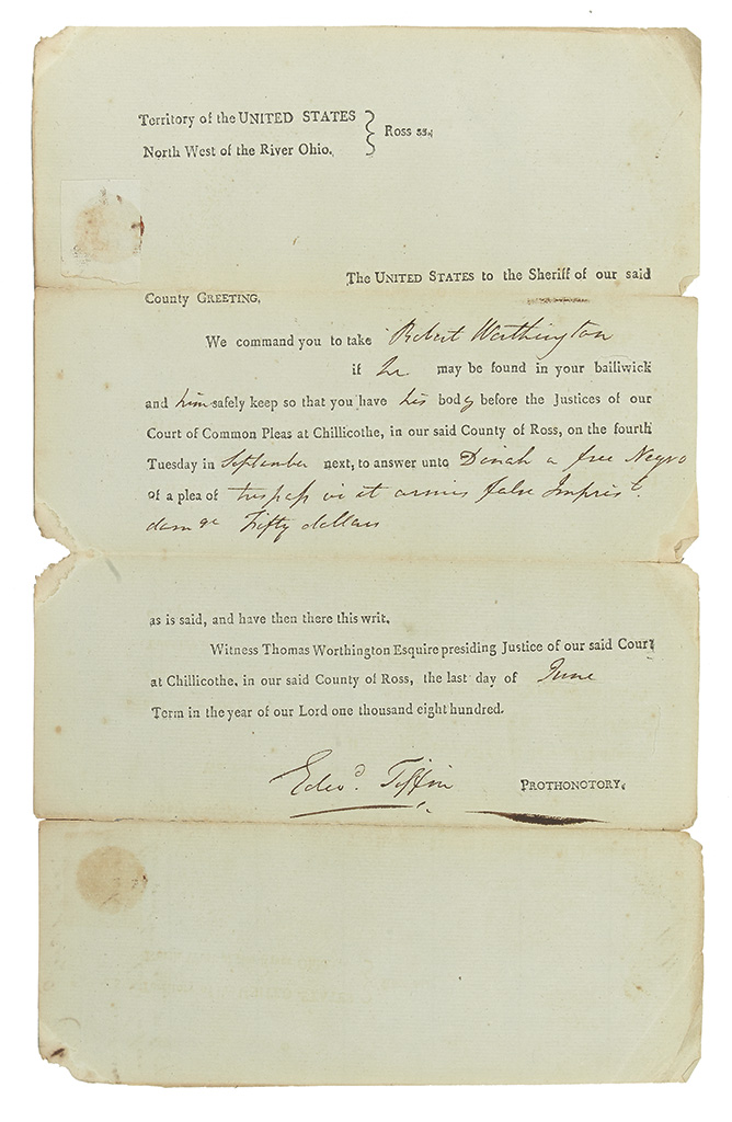 Appraisal: NORTHWEST TERRITORY OHIO Partially printed document accomplished by hand wherein