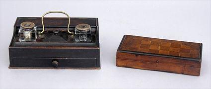 Appraisal: VICTORIAN EBONIZED WOOD INKSTAND AND A GAME BOX The top