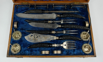 Appraisal: Edwardian EPNS Stag Antler meat carving set by Fattorini Sons